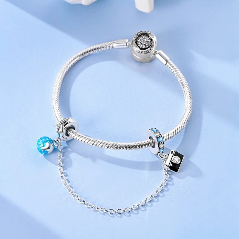 925 Sterling Silver Safety Chain Aircraft Earth Camera Daisy Silicone Charms Beads Fit Original Bracelets DIY Jewelry For Women
