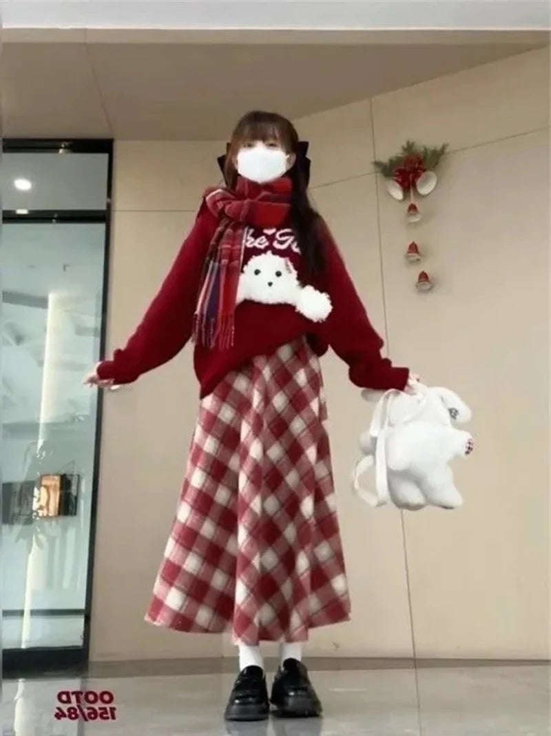 Red Plaid Midi Skirt Women Fall Winter Vintage High Waist Sweet Woolen Cloth Skirts Retro Loose Preppy Aesthetic Female Skirt