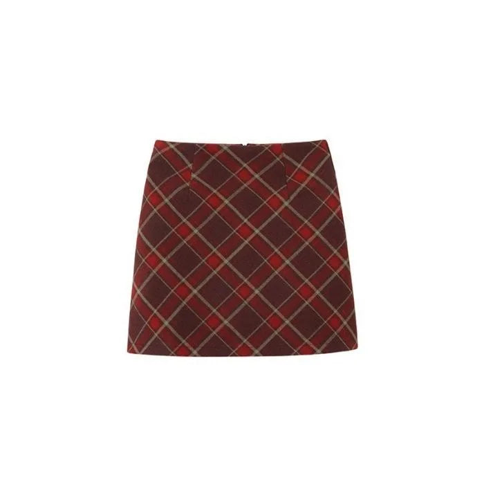High Waist Plaid Mini Skirt Autumn Winter Woolen A- Line Skirt Short Skirt Retro Red Grids Half Body Skirt Small Size