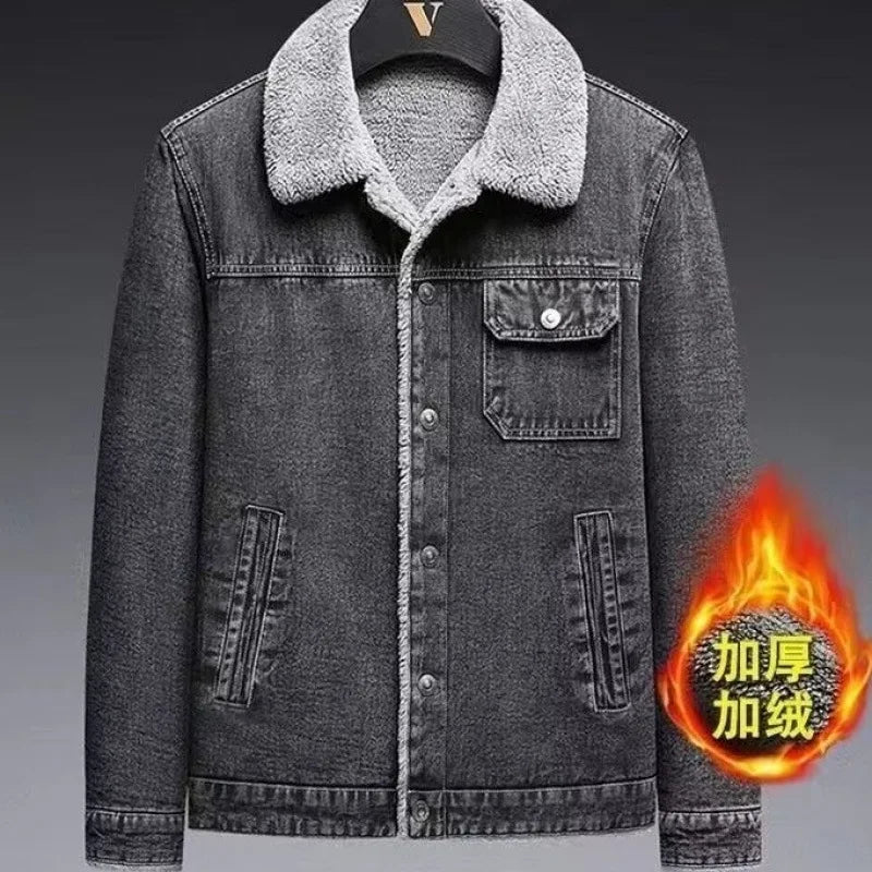2025 Men's fleece denim jacket, autumn and winter warmth, casual, teen slim jacket