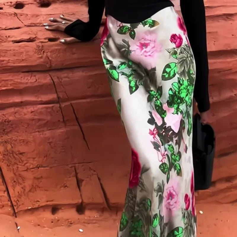 Women Clothing Stylish Vintage Satin Floral Print Luxury Chic Long Skirts Female Elegant High Waist Slim Party Maxi Skirt Faldas