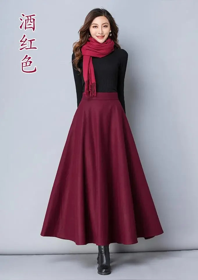 Autumn and Winter Solid Color Woolen Skirt Big Hem A- line Skirt High Waist Long Woman Skirts Mujer Faldas Saias Mulher