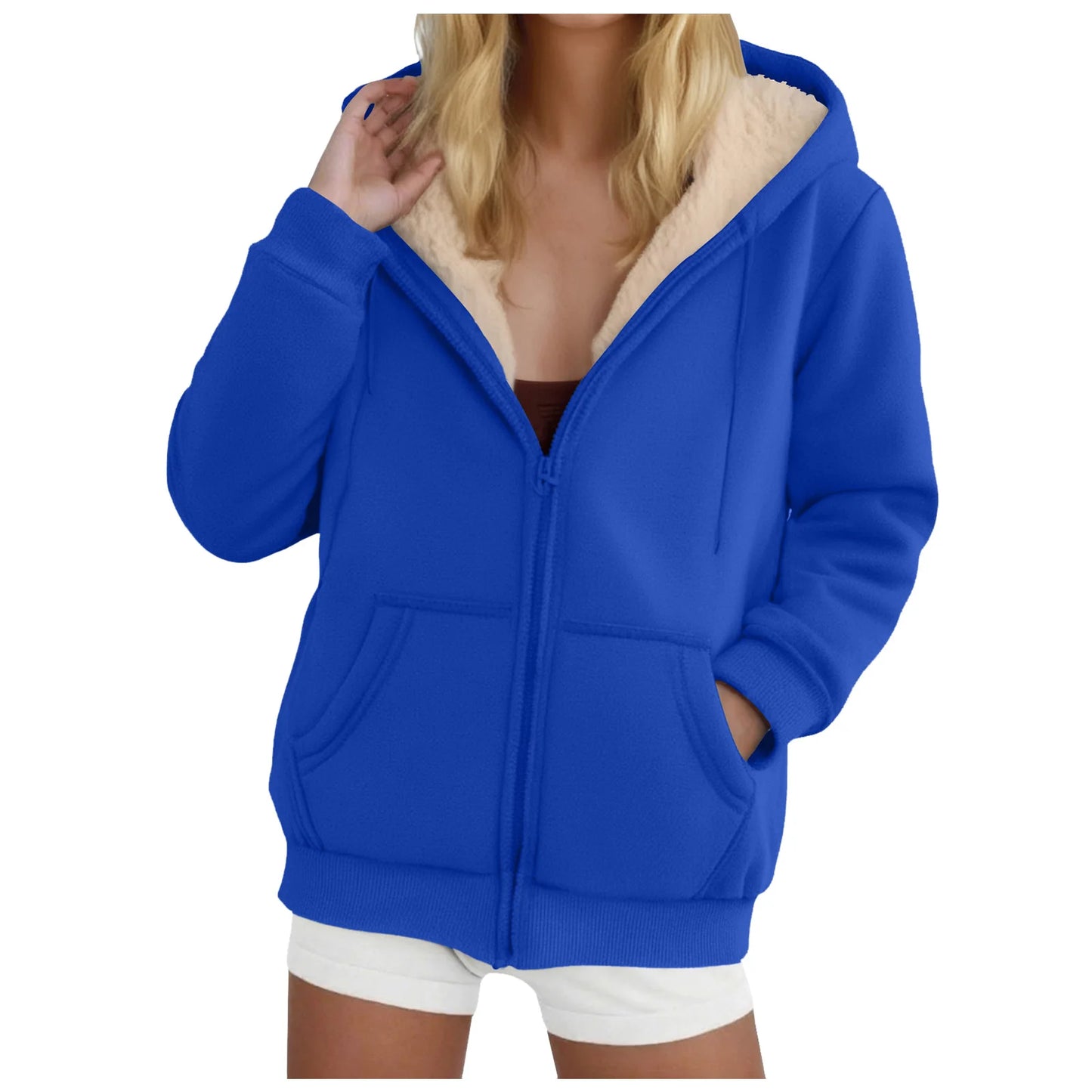Women's Fleece-Lined Thickened Hooded Sweatshirt Solid Color Autumn Winter Thick Warm Hoodies Zipper Up Pocket Loose Jackets
