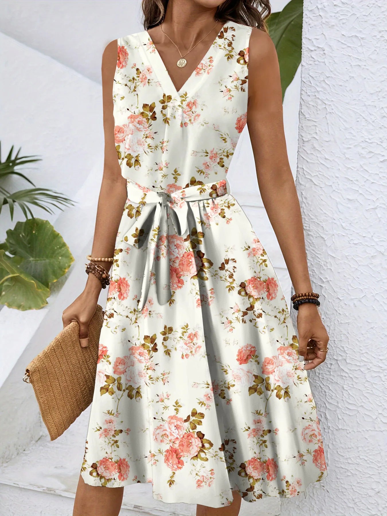 Dress Women Flower Print Dresses Sleeveless V Neck Lace Up Tight Waist Knee Length A Line Office Lady 2025 Summer Vestidos