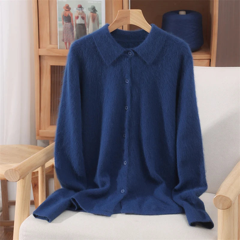 Chic Female Grace Soft Knitwear Women's Polo Collar Button Cardigan 100% Mink Cashmere Sweater Autumn Winter Soft Casual Tops
