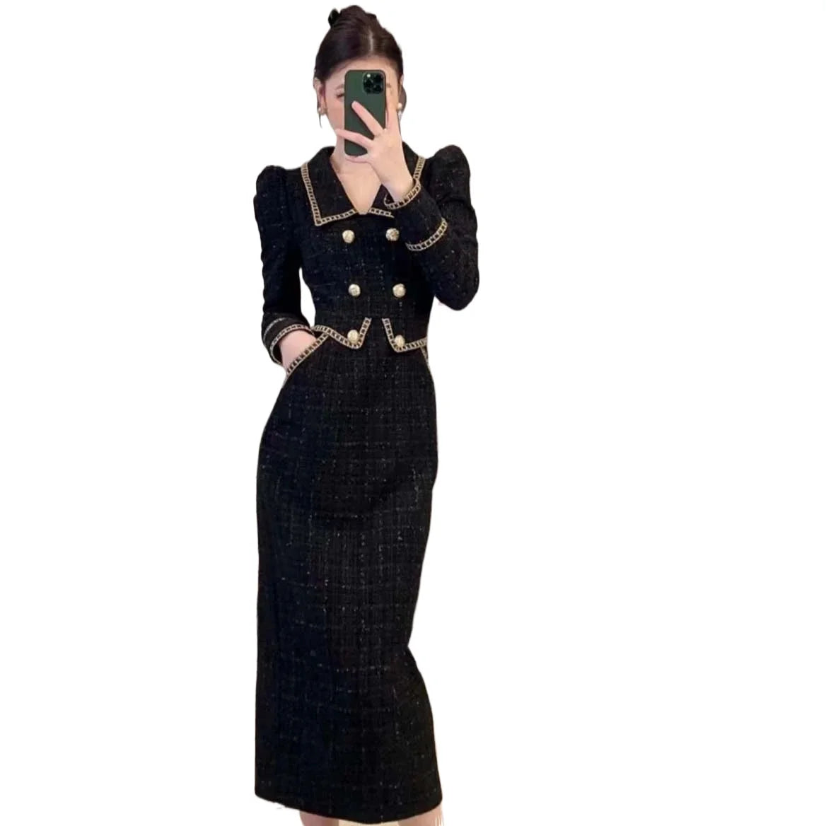 Spring Autumn High End Small Fragrant Elegant Dress Women New French Long Sleeve Fake Two Piece Dress Ladies Tweed Slim Dresses