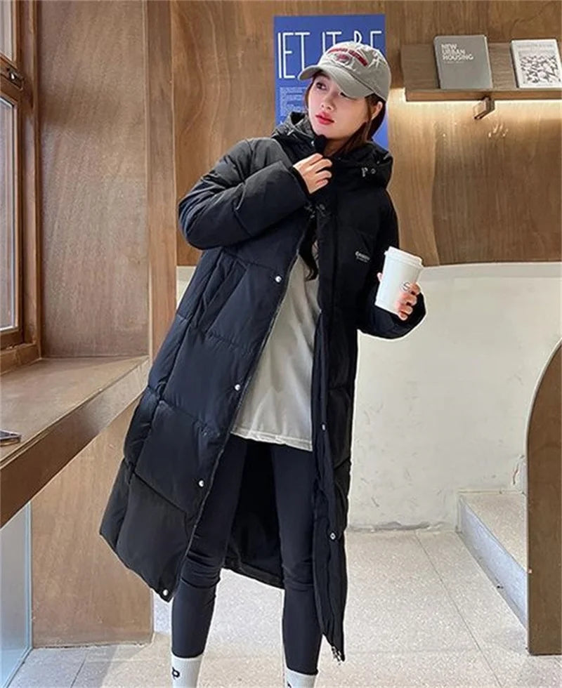 2025 Solid Long Down Parka Women with  Hood  Cotton Padded Jacket Winter Overcoat Fashion Thicken Warm Puffer Coat Female