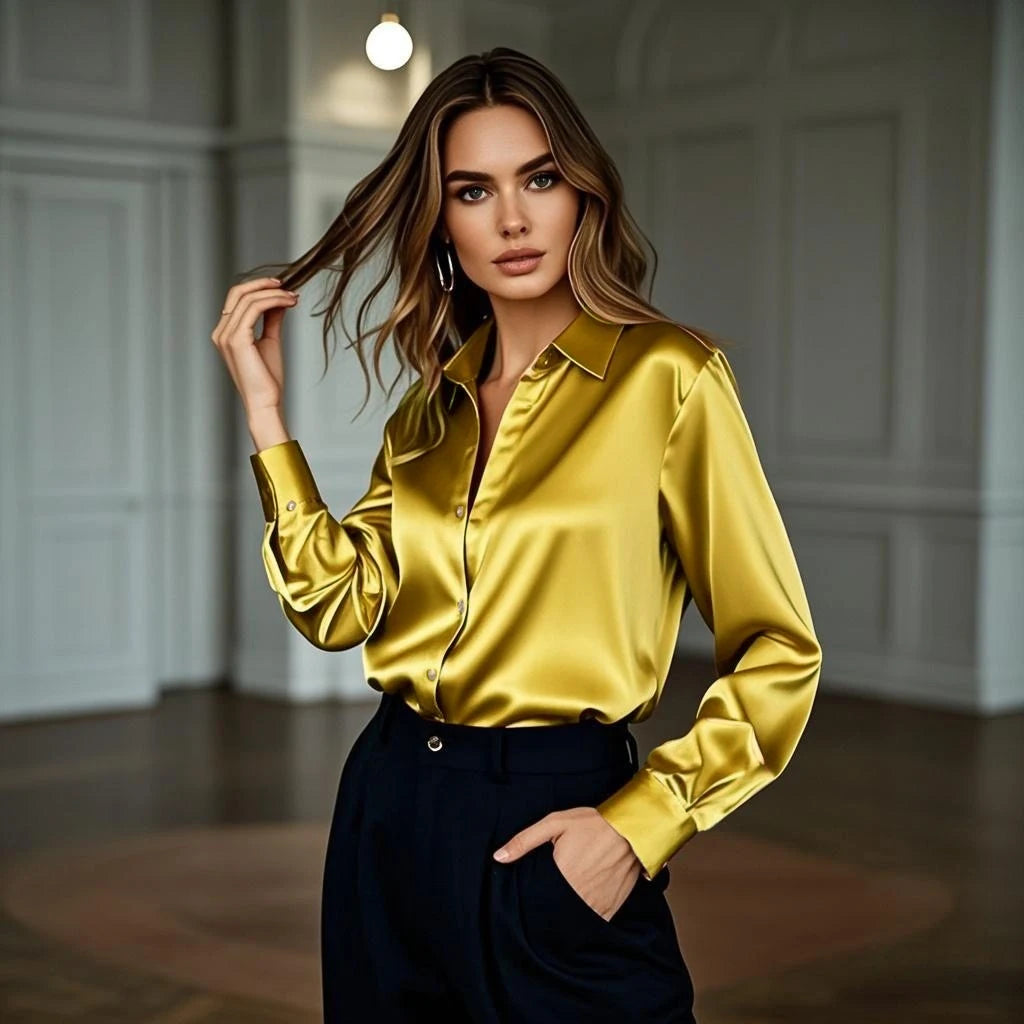 Luxury Satin Finish Shirts And Blouses For Women Clothes Casual Top OL Long Sleeve Single Breasted Elegant French Solid Blouses