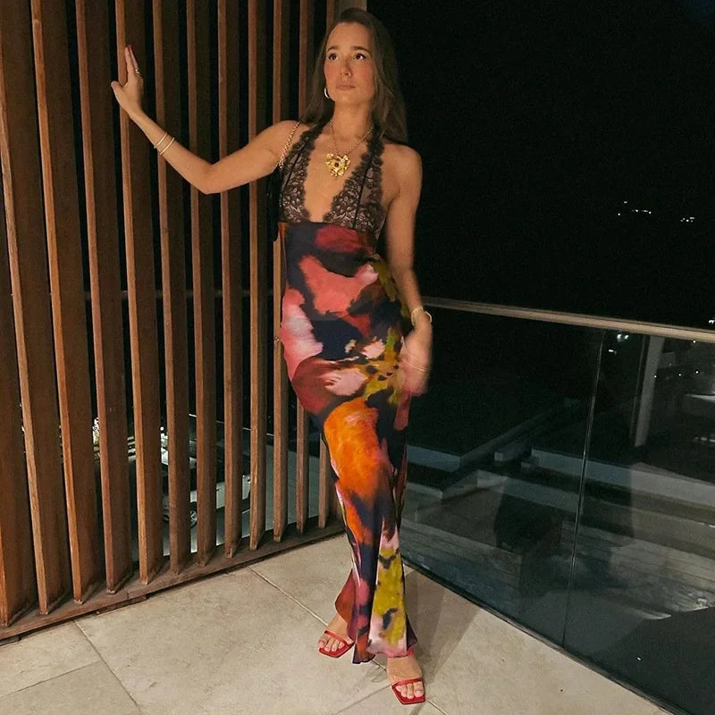 Sexy Leopard Print Lace Patchwork Maxi Dress Women Fashion V Neck Backless Long Dresses Spring Summer Female Holiday Vestidos