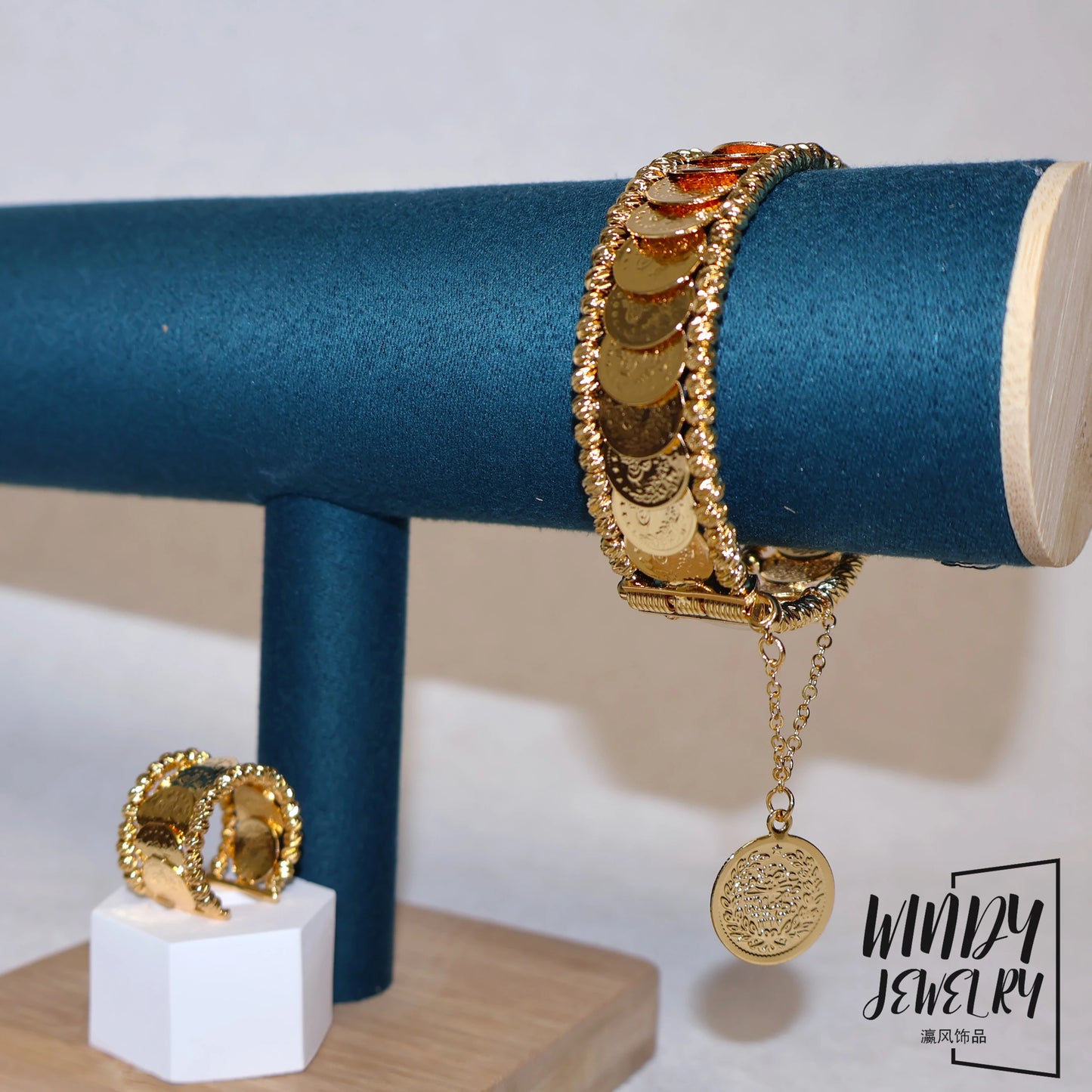 Windy Jewelry Coin Jewelry Sets 24k Gold Plated Dubai Arab Women Luxury Cuff Bangles Bridal Wedding Bracelet Rings