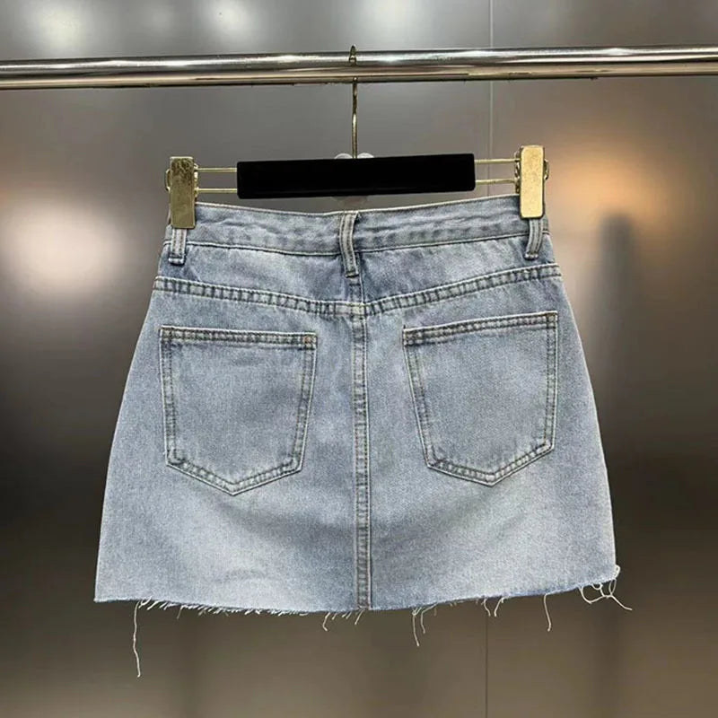DEAT Sequins Decoration Denim Skirts For Women 2024 Summer New Items High Waist Wrap Hip Skirt Female Trendy Fashion 29L7154