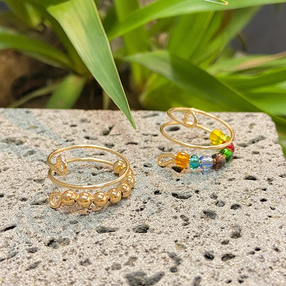 Rainbow Beads Anxiety Ring for Women Rotate Freely Anti Stress Adjustable Spinner Fidget Ring Bohemian Jewelry Christmas Gifts