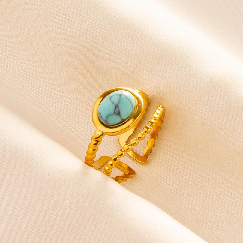 Classic Retro Turquoise Finger Jewelry Stainless Steel Rings For Women Men Accessories Open Adjustable 18k Real Gold Plated Ring