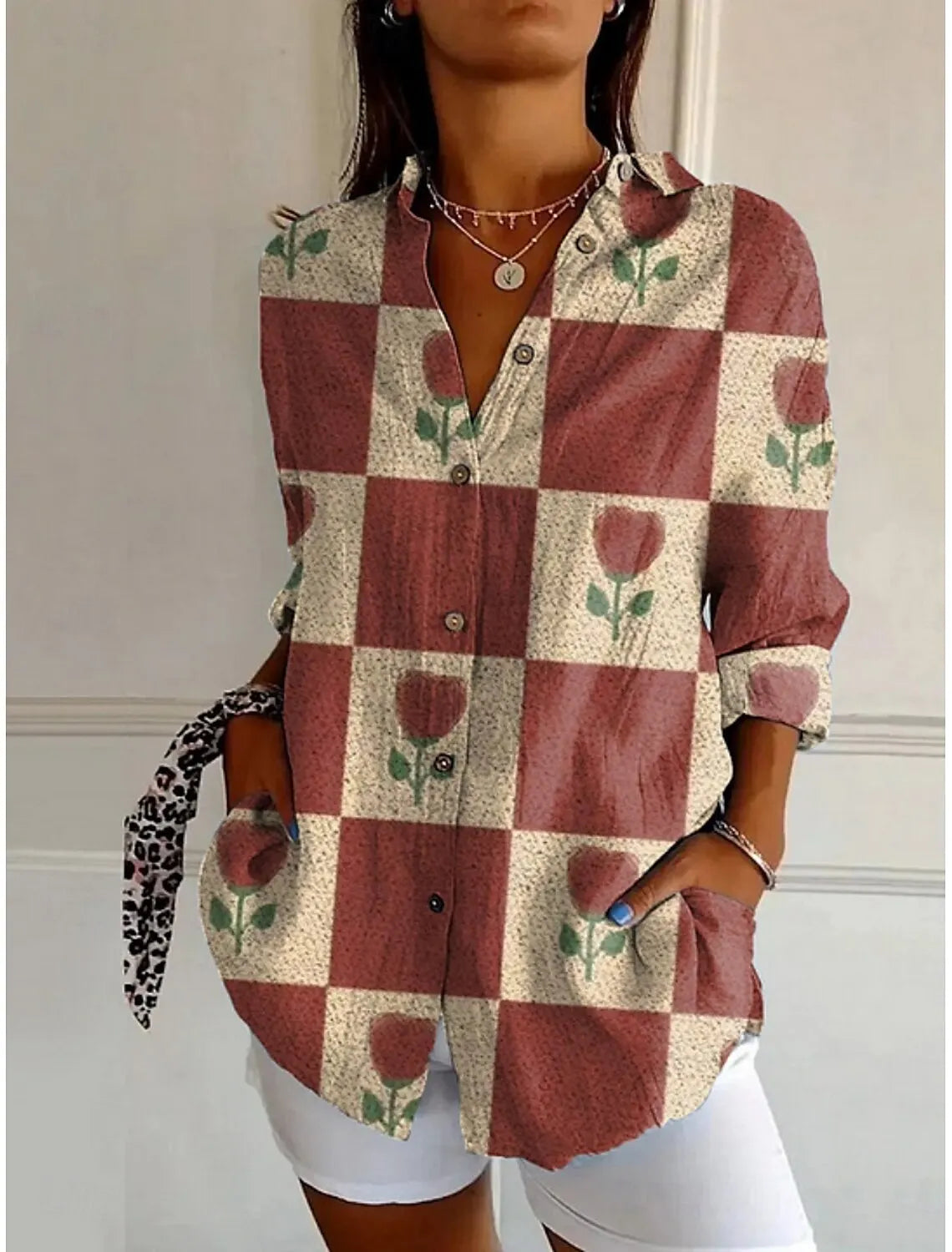 Women's Shirts Floral Active Stylish Buttons Blouse Lapel Neck Blouse Womens Long Sleeve Shirts Womens Clothing Female Clothing