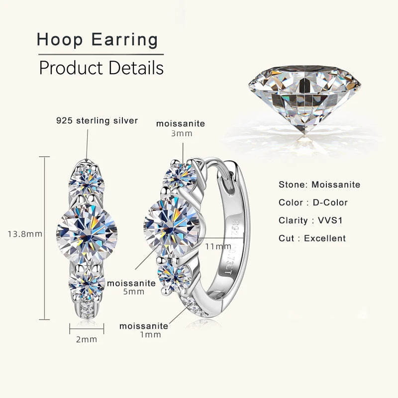 Lnngy Three Stone Moissanite Earring Original 925 Sterling Silver Hoops Earring For Women Girls Lab Created Diamond Jewelry Gift
