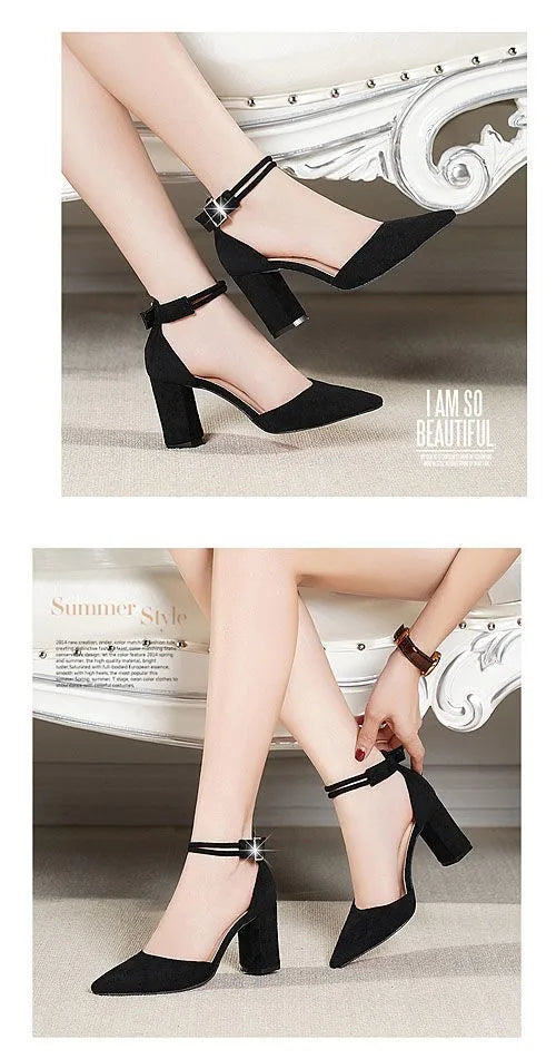 2025 Summer Square High Heels Women Shoes Flock Pointed Sandals Sexy Female Sandalias Shoes Ankle Buckle 6cm Heel Casual Pumps