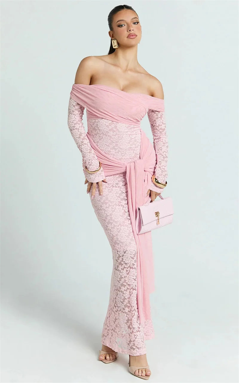 Mozision Off-shoulder Strapless Sexy Maxi Dress Women Gown Elegant Long Sleeve Backless Ruched Draped Club Party Long Dresses
