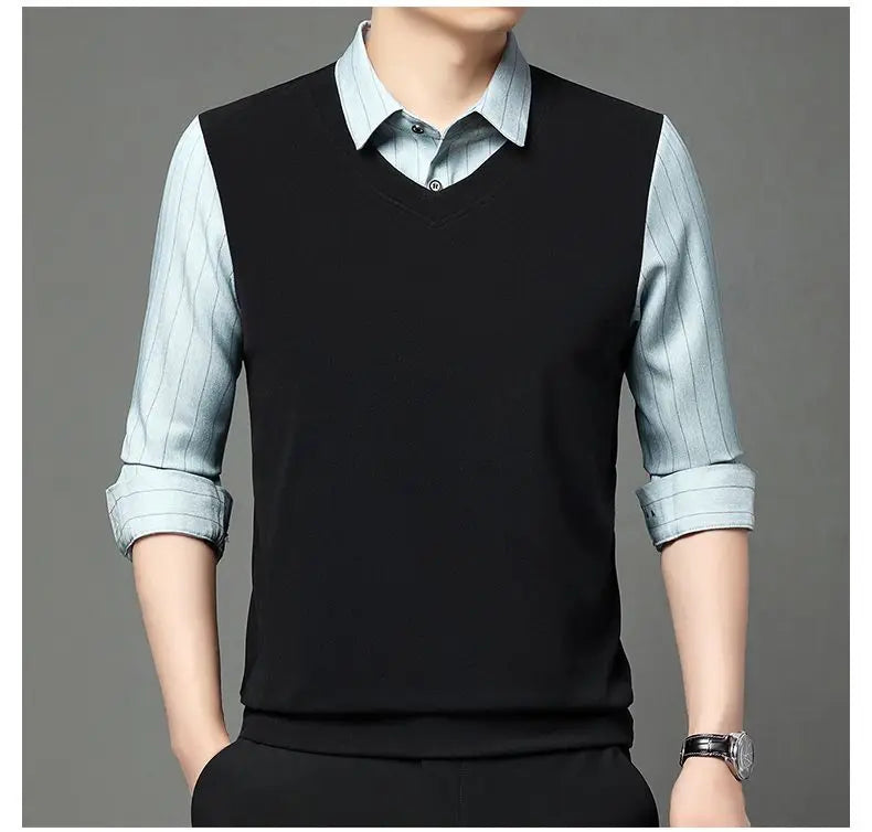 Fake Two Pieces Men Polo Shirts Turn-down Collar Striped Patchwork Business Casual Thermal Long Sleeve Comfortable Knitted Tops