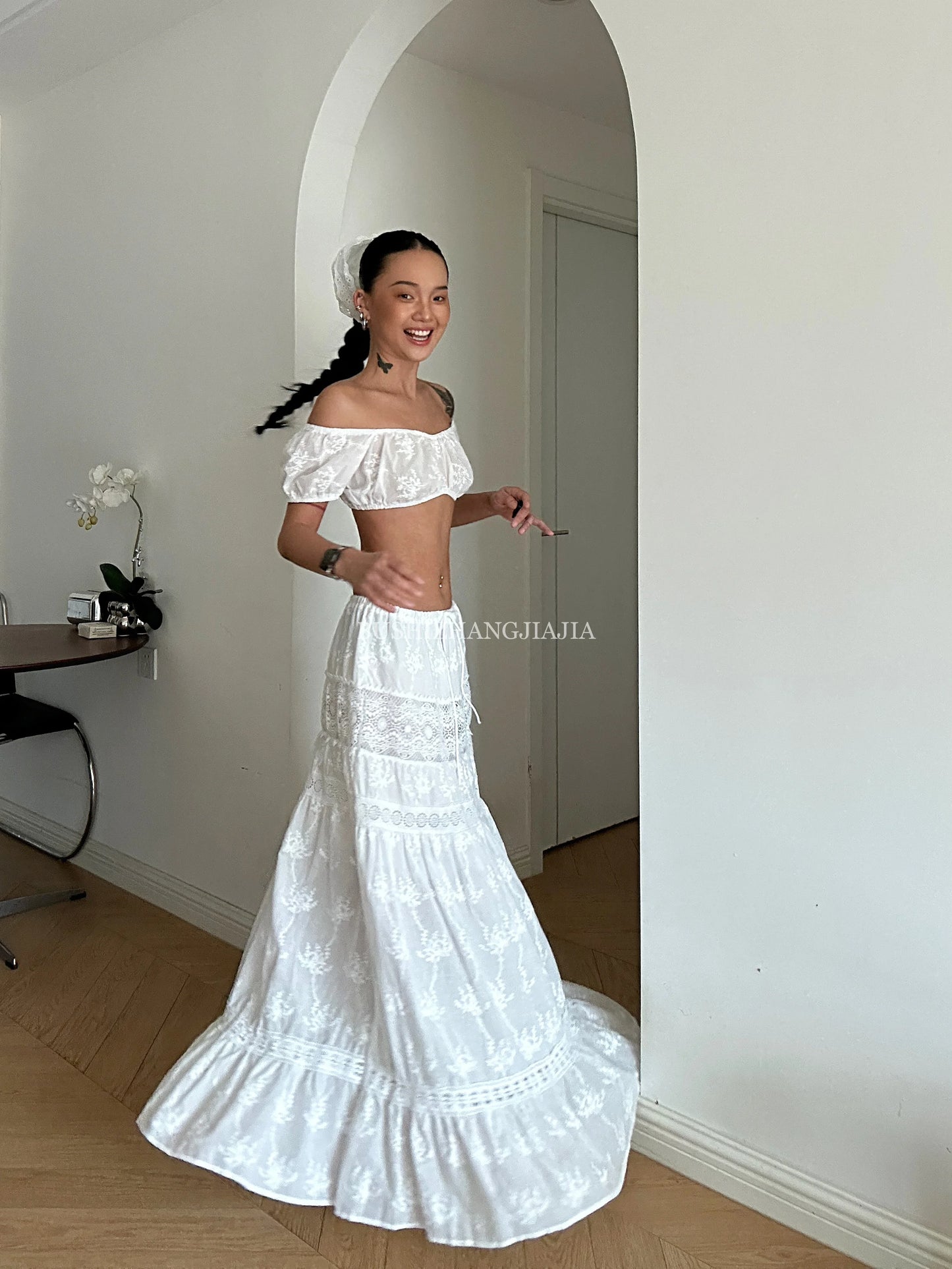 Women White Summer Outfit Botanical Garden Maxi Skirt