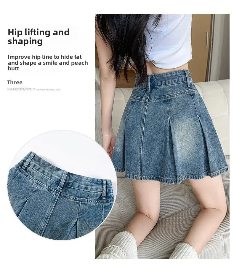 Fashionable High Waist A- Line Mini Skirt Women's Summer New Style American Retro Denim Skirts Cotton Slimming Pleated Skirts