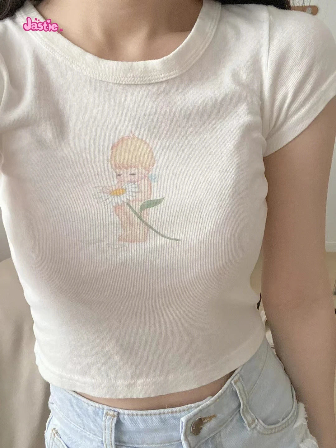 Cartoon Print Beige T-shirts Women 2024 Summer Streetwear Round Neck Short Sleeve T Shirt Female Vintage Chic Y2k Crop Top