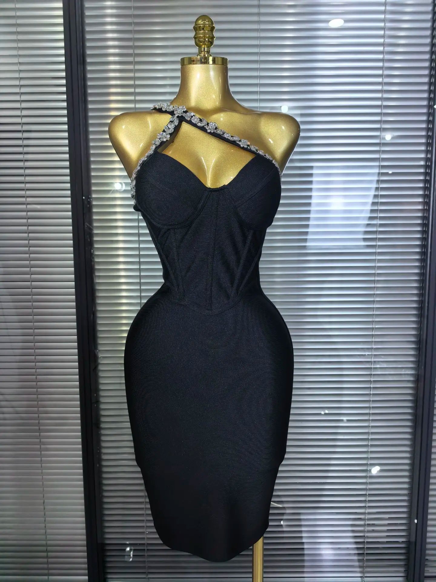 Black Color Women Sexy One Shoulder Shinning Crystal Bodycon Mini Bandage Dress Celebrate Nightclub Party Birthday Outfit