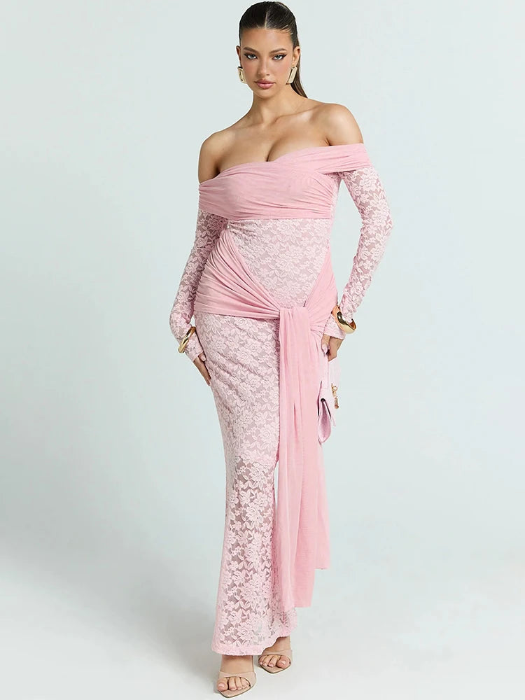 Mozision Off-shoulder Strapless Sexy Maxi Dress Women Gown Elegant Long Sleeve Backless Ruched Draped Club Party Long Dresses
