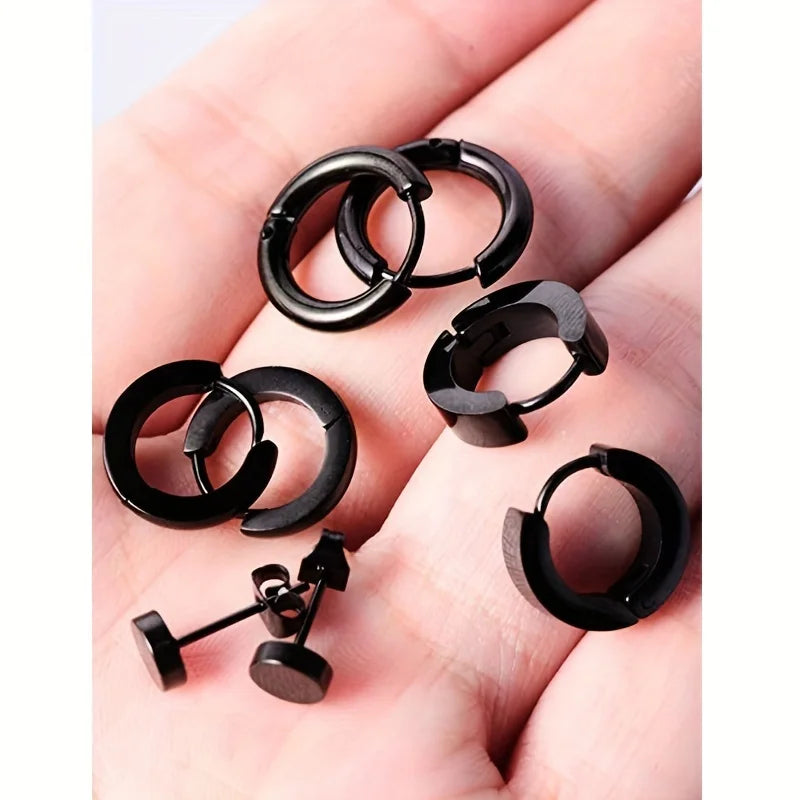 Stylish Men's 4-Pair Earring Set - Black Stainless Steel Studs & Hoops, Durable, Versatile & Allergy-Free