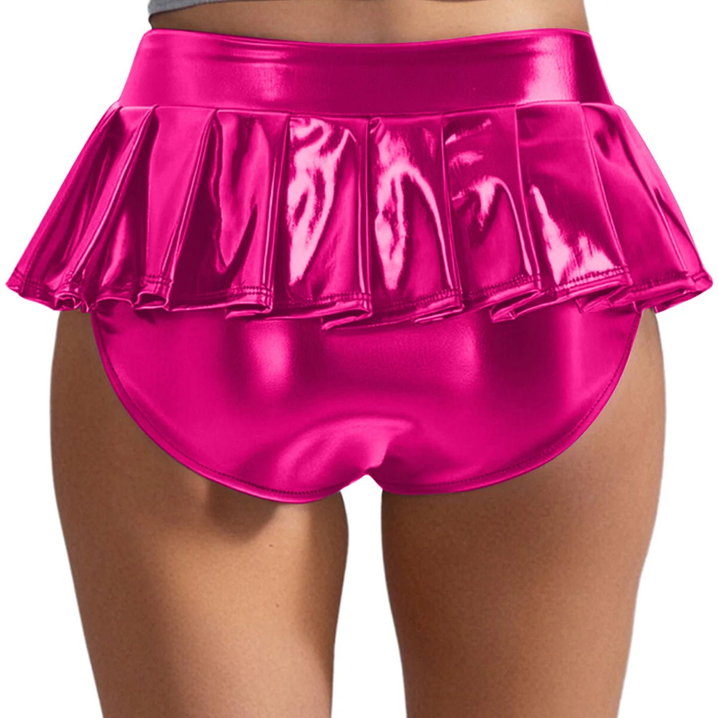 Womens Metallic Shiny Mini Skirt Elastic Waistband Pleated Skirted Underwear Culottes Micro Miniskirts Rave Party Nightclub Wear