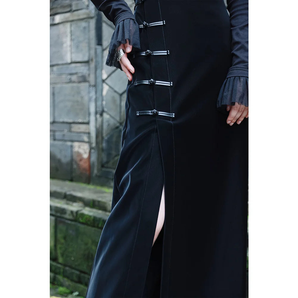 UMI MAO Dark Style Black Leather Pan Button Slit Drop Dress Women's 2023 Spring Dress New Skirts High Waist Leather Skirt