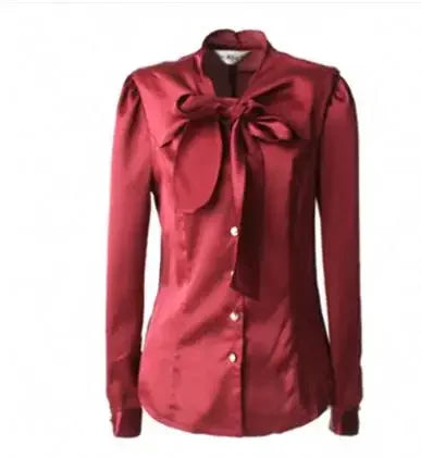 Spring Long Sleeve V Neck Bow Tie Satin Shirts Women Office Work Wear OL Satin Blouses Lady Bow Tie Chiffon Satin Tops