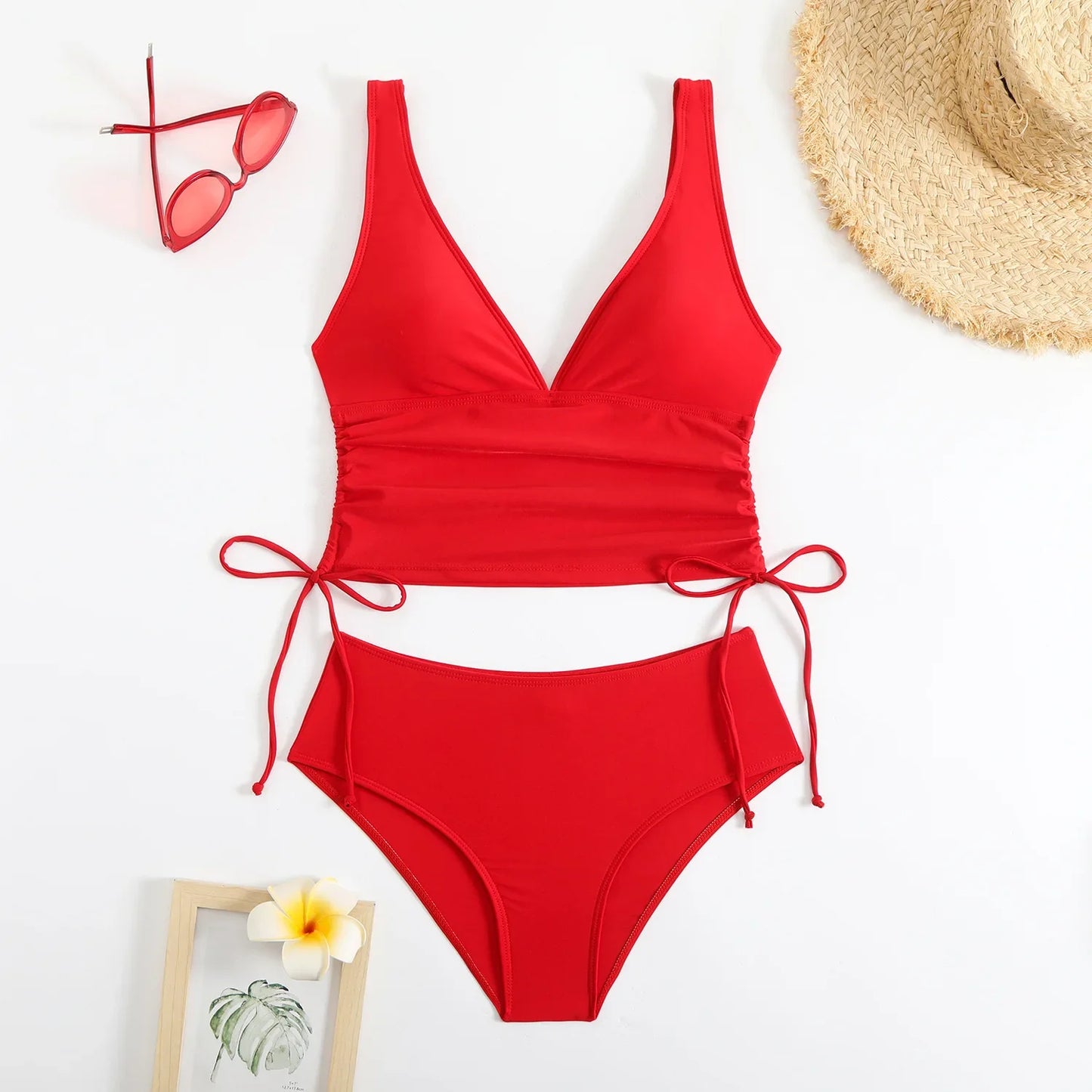 Fashionable Pure Color Nylon Fabric Bikini Set Sexy Two-Piece Swimsuit Drawstring Design Separate Top And Bottom for Women