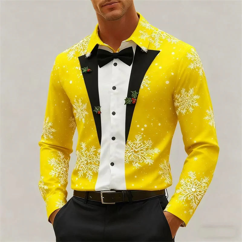Christmas Men's Snowflake Bow Tie Pattern 3D Print Christmas Shirt Long Sleeve Tops Outdoor Holiday Gift Shirt Men Clothing