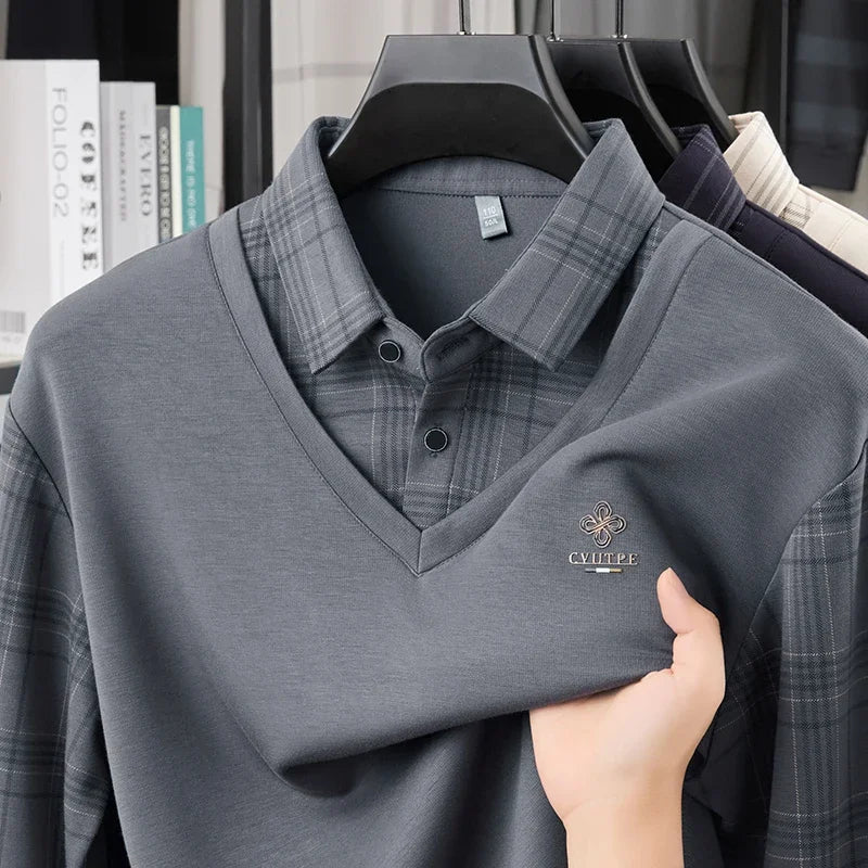 TFETTERS Long Sleeve Polo Shirt Men 2025  Autumn New Business Slim Fake Two Shirt Man Casual Loose Plaid Graphic Shirt for Men