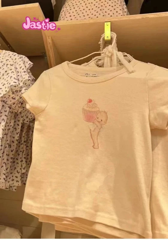 Cartoon Print Beige T-shirts Women 2024 Summer Streetwear Round Neck Short Sleeve T Shirt Female Vintage Chic Y2k Crop Top