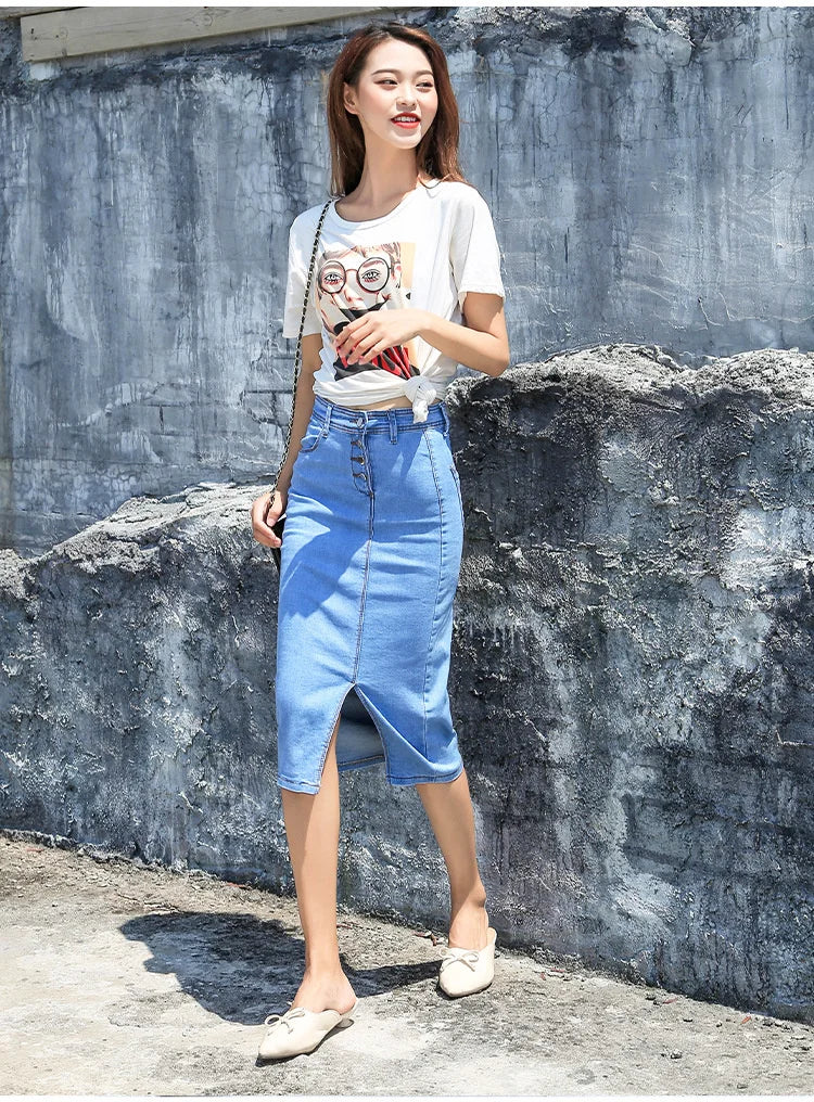 Women's Button Style Wrap Hip Slim Denim Skirt Fashion Mid Length Hip Skirts For Women