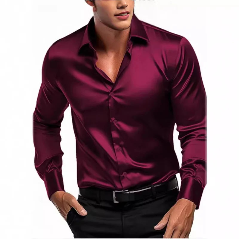 Mens Shirts Silky Luxury Satin Fabric Autumn Blouse Elegant British Long-Sleeved Smooth Business Office Shirts Party Tuxedo Tops
