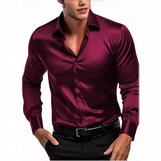 Mens Shirts Silky Luxury Satin Fabric Autumn Blouse Elegant British Long-Sleeved Smooth Business Office Shirts Party Tuxedo Tops