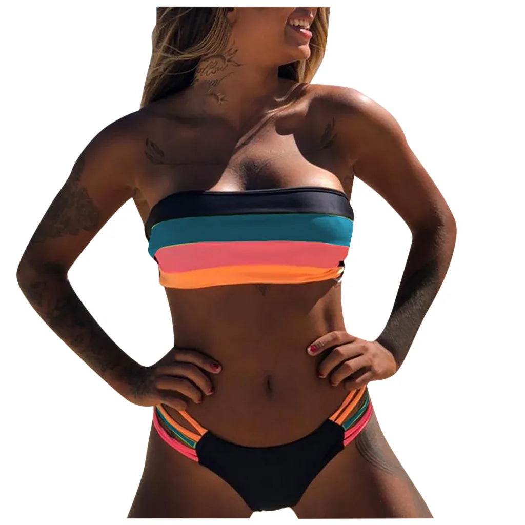 Bathing Suit Women Push-Up Swimwear New Colored Stripes Padded Strapless Bikini Set Summer Swimwears Tankinis Set Bikini Bottoms