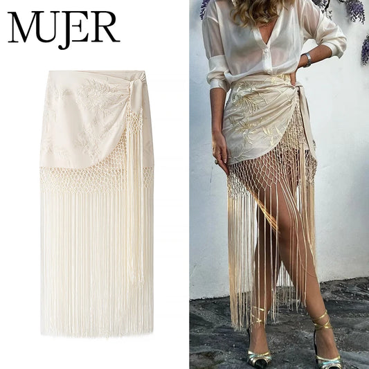 MUJER Embroidery Lace Long Skirt Woman High Waist Midi Skirts for Women Summer Beach Skirt Woman Tassel Women's Skirts Cylinder
