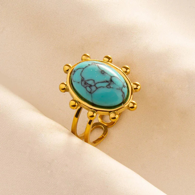 Classic Retro Turquoise Finger Jewelry Stainless Steel Rings For Women Men Accessories Open Adjustable 18k Real Gold Plated Ring