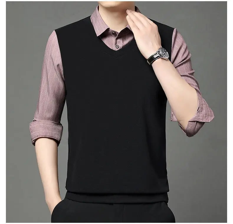 Fake Two Pieces Men Polo Shirts Turn-down Collar Striped Patchwork Business Casual Thermal Long Sleeve Comfortable Knitted Tops