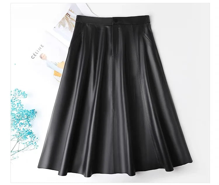 Women Caramel Genuine Leather Skirt 2025 Winter Female Natural Skin A-line Simple Big Hem Pleated Long Faldas Apricot Ropa Mujer