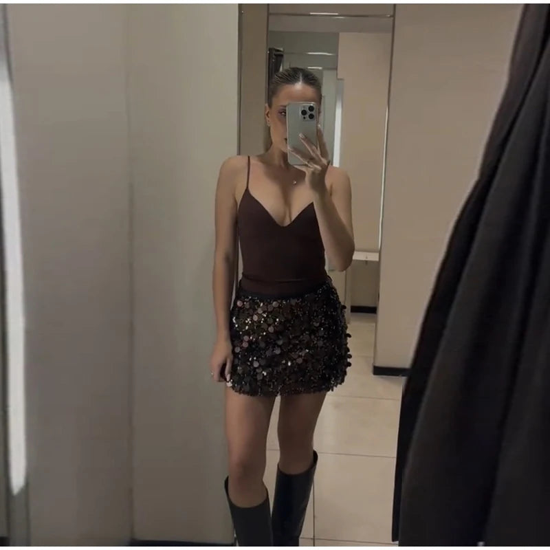 Sexy Paillette Mini Women's Skirt Fashion High Waist A-line Party Club Female Skirts 2025 Winter Streetwear Lady Clothes