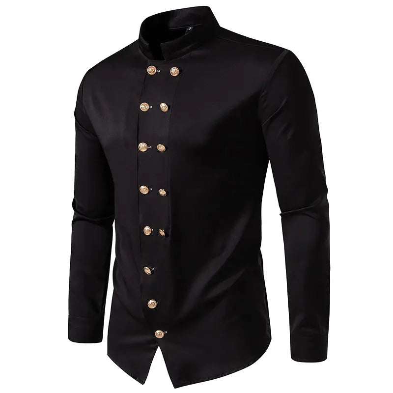 Double Breasted Formal Dress Shirts for Men New in Steampunk Nightclub Party Prom Henry Collar Gothic Shirts Mens Stage Costumes