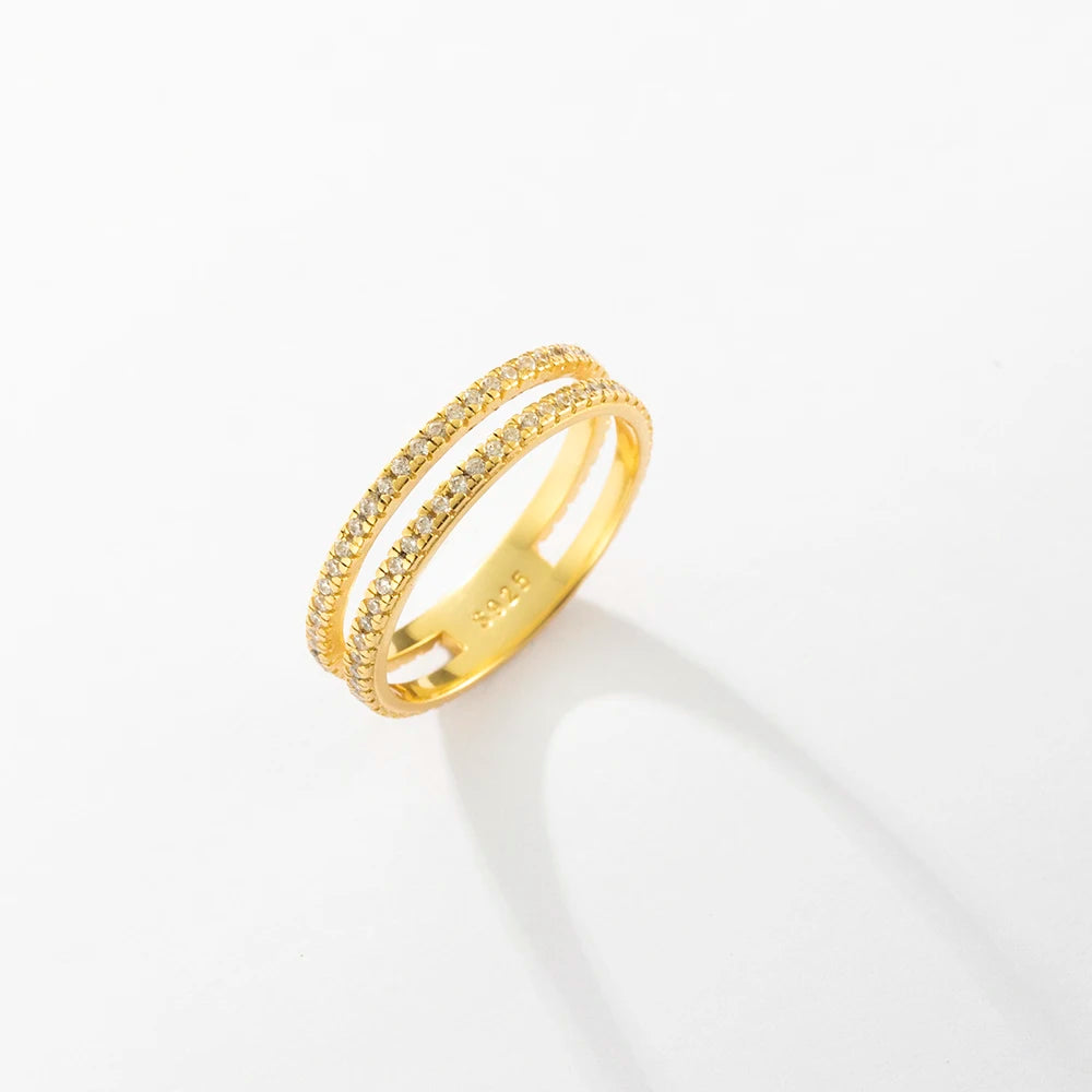 VEWANT 925 Sterling Silver Recyclable Two CZ Pave Double Line Ring Women Crystal Luxury Wedding Birthday Jewelry