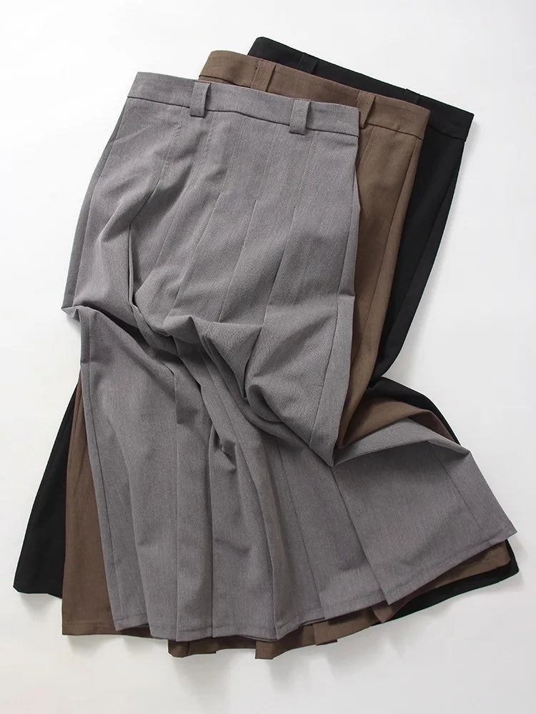 Gray Midi Pleated Skirts For Women Autumn 2024 High Waist A Line Maxi Zipper Skirts For Office Lady Long Skirt Woman Black