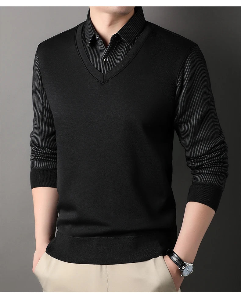 Men's Long Sve Fce Lined Knitted irt Busin Casual Sle Winter Warm Top Fake Two-Piece Design Comfortable Fit