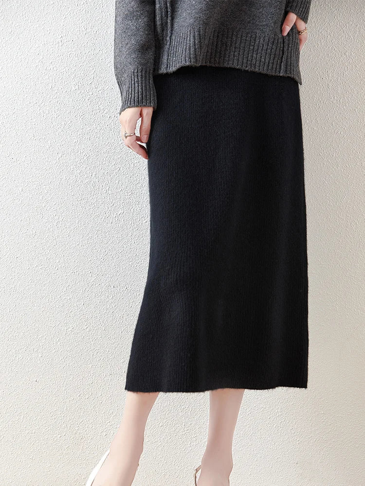 100% Merino Wool Skirt Women's Elastic Waist Cashmere Striped Skirts Office Lady Knitted Simple Dress Thickening Autumn Winter