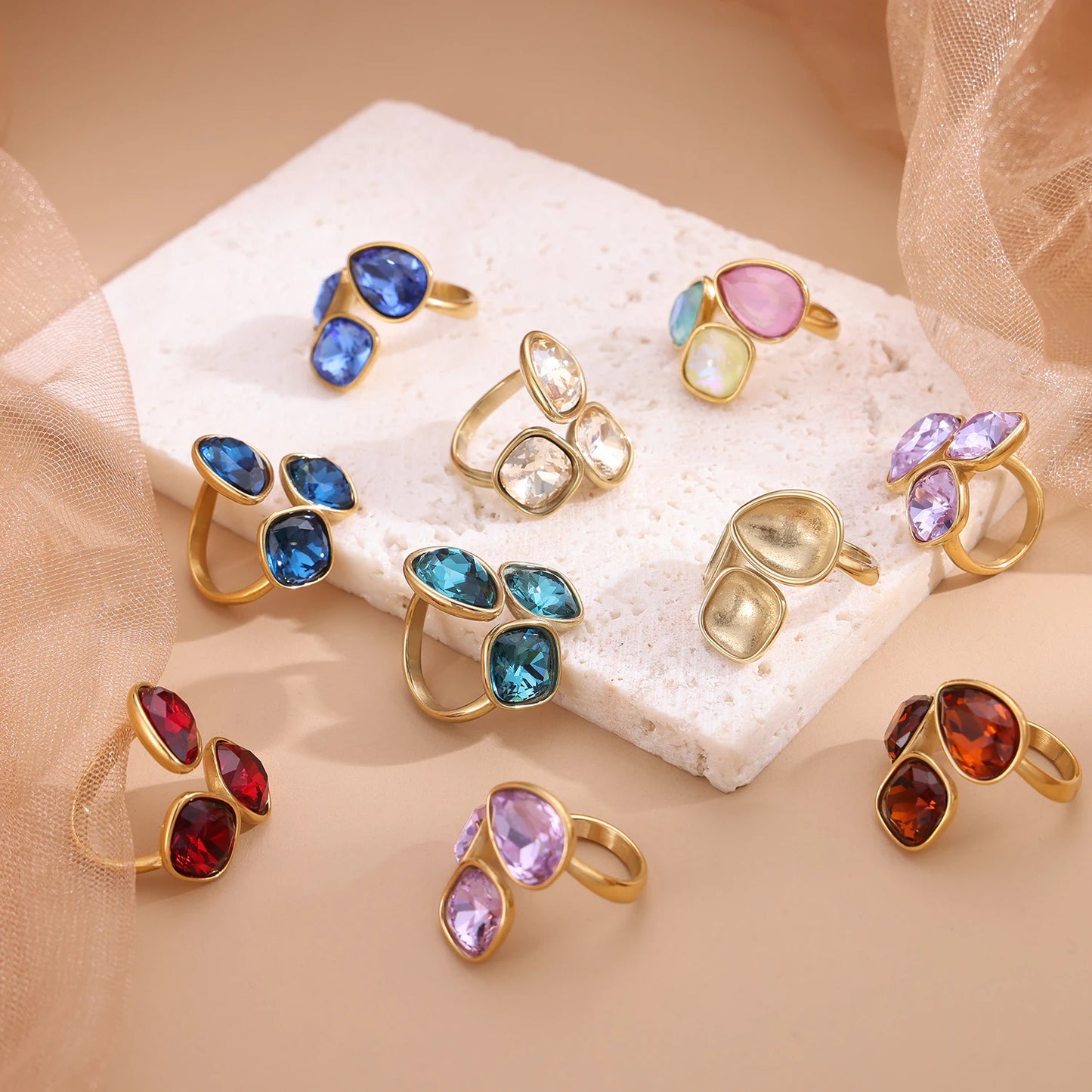 18k gold color stainless steel ring with crystal ring for women light luxury high-grade color open stainless steel